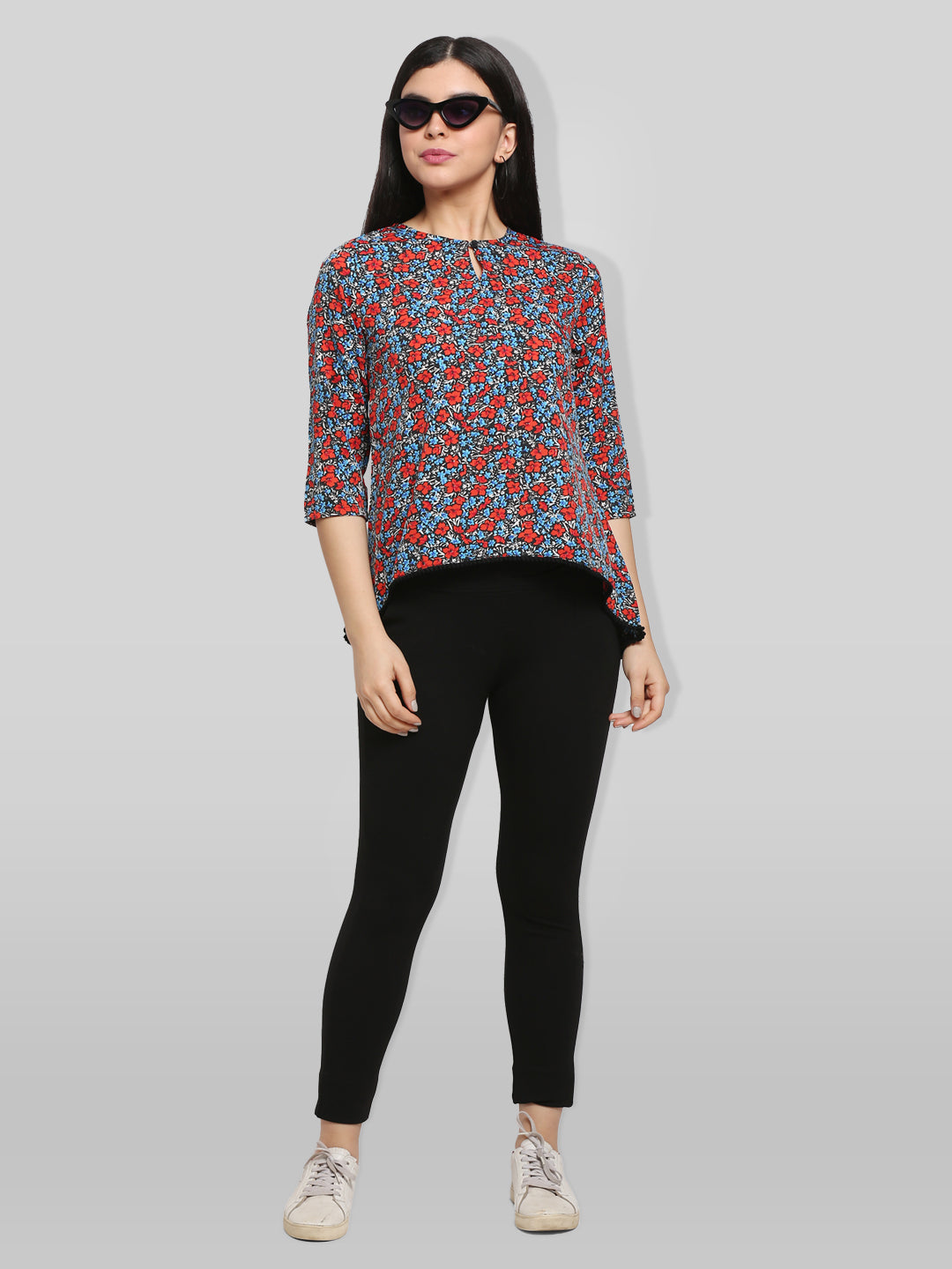 Black & Red Floral Print Keyhole Neck High-Low Top