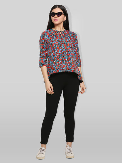 Black & Red Floral Print Keyhole Neck High-Low Top
