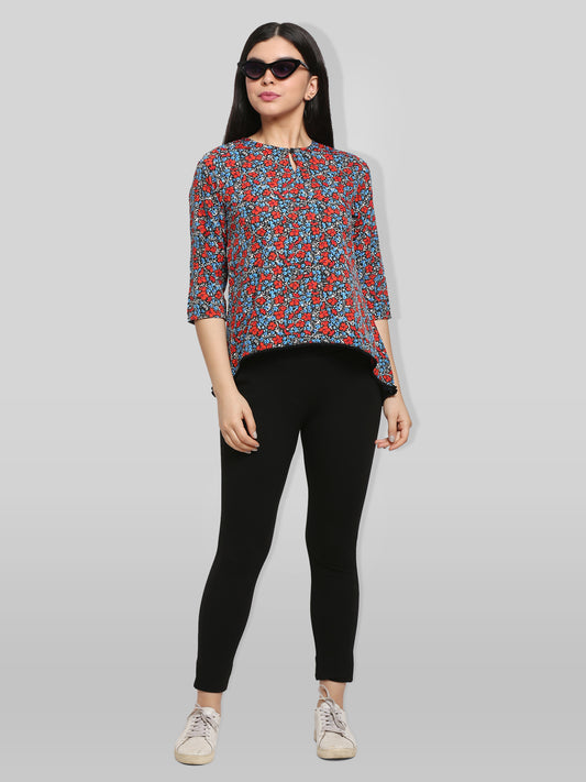 Black & Red Floral Print Keyhole Neck High-Low Top