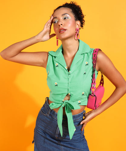 Casual Sleeveless Solid Women Green Top