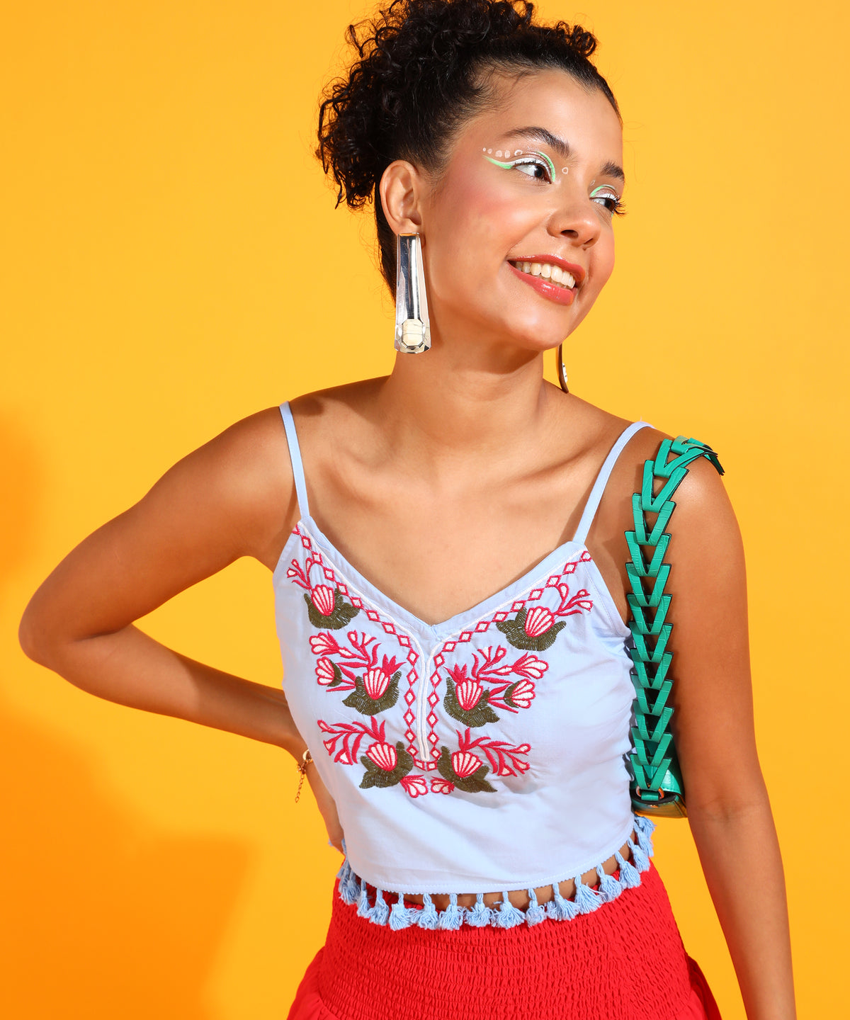 Casual Noodle Straps Embroidered Women Blue, Red, Green Top