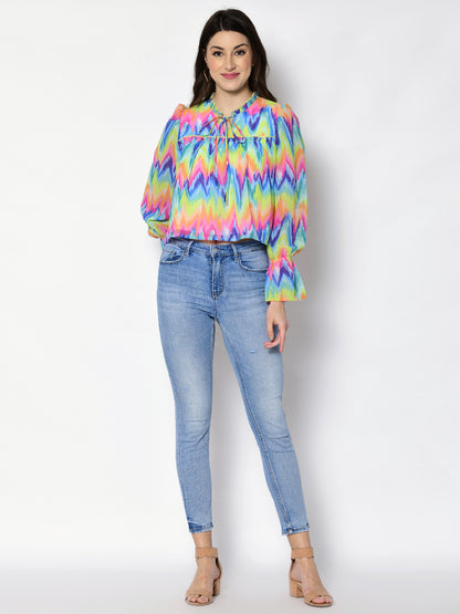 Casual Puff Sleeves Chevron/Zig Zag, Printed Women Multicolor Top