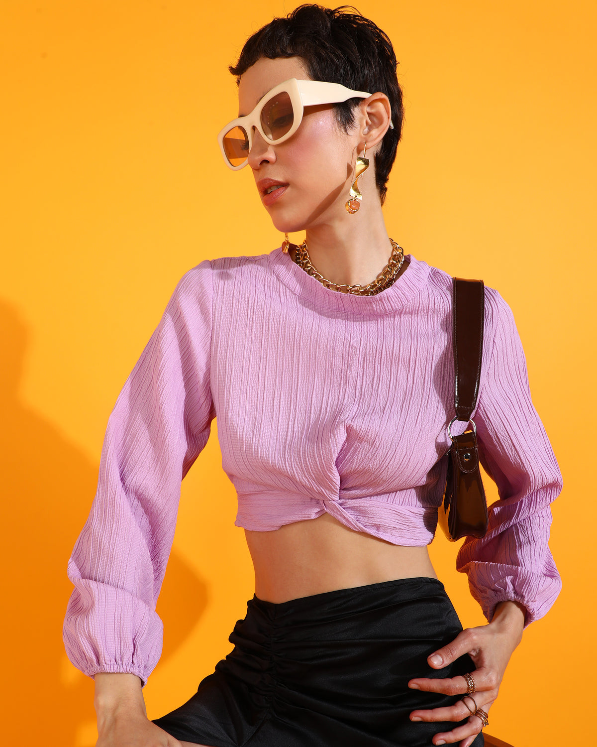 Casual Puff Sleeves Solid Women Pink Top
