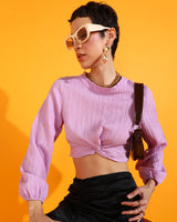 Women's Lilac Textured Twist-Front Crop Top
