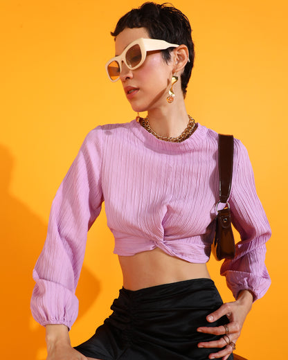 Casual Puff Sleeves Solid Women Pink Top