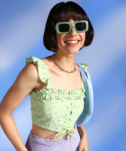 Casual Sleeveless Embroidered Women Green Top