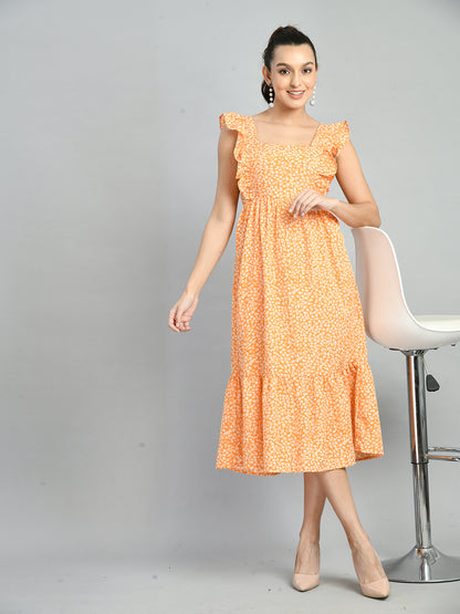 Women Fit and Flare Orange Midi/Calf Length Dress