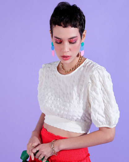 Casual Puff Sleeves Self Design Women White Top