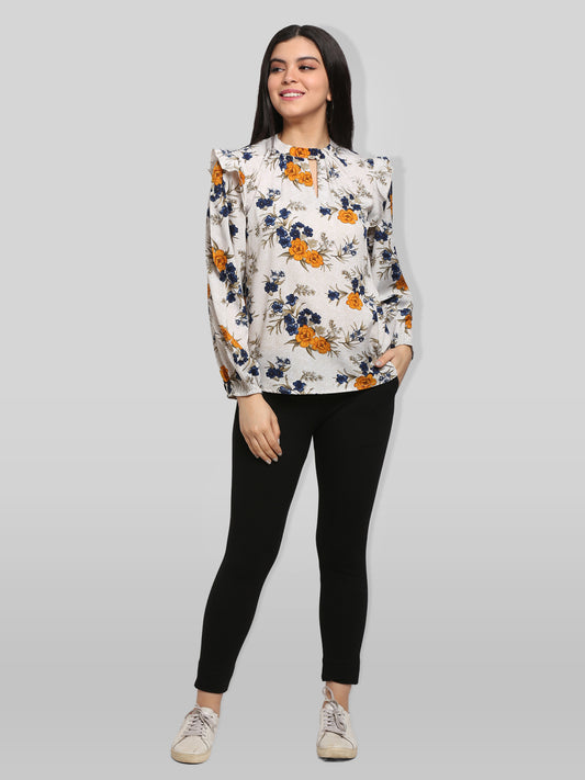 White & Yellow Floral Print Keyhole Neck Top
