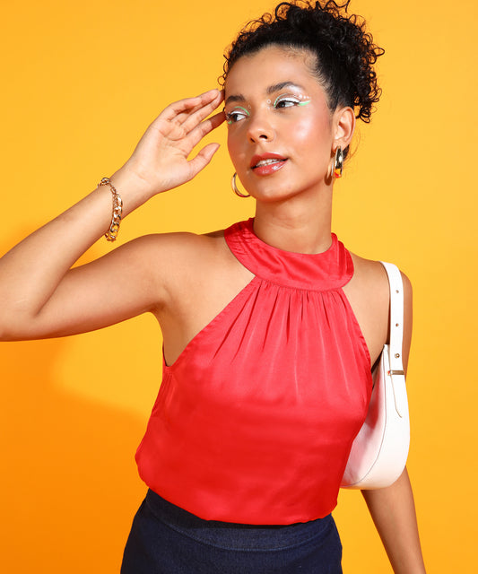 Casual Sleeveless Solid Women Red Top