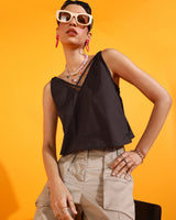 Women's Brown Solid Sleeveless V-Neck Crop Top