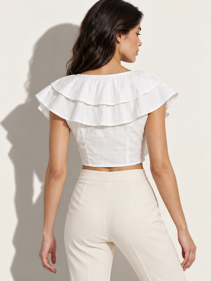 Women's White Ruffle V-Neck Crop Top