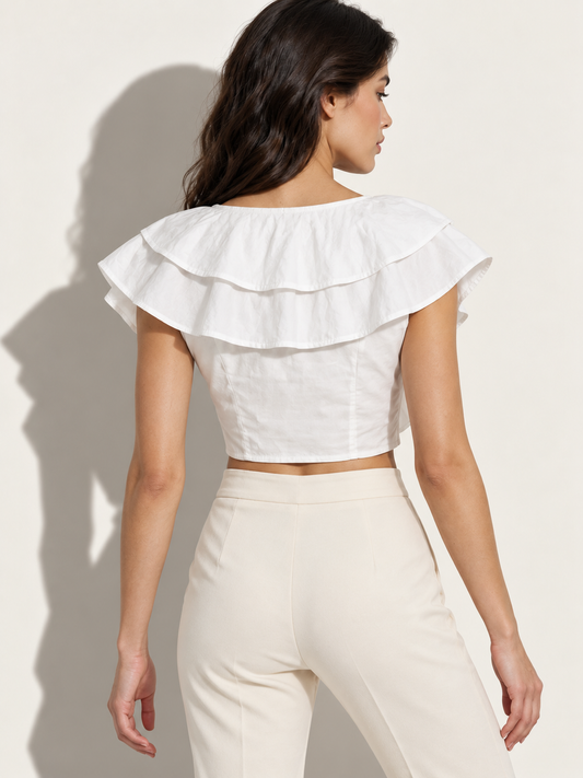 Women's White Solid Flared Sleeve V-Neck Crop Top