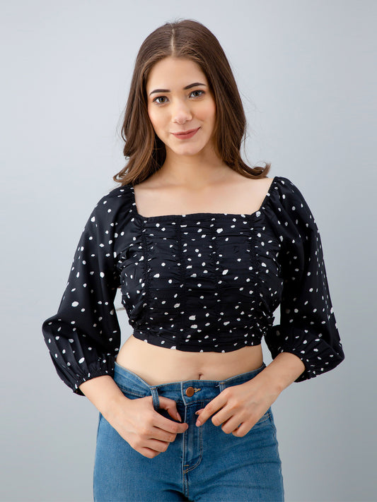 Casual Puff Sleeves Printed Women Black Top