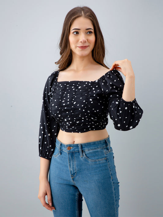 Casual Puff Sleeves Printed Women Black Top