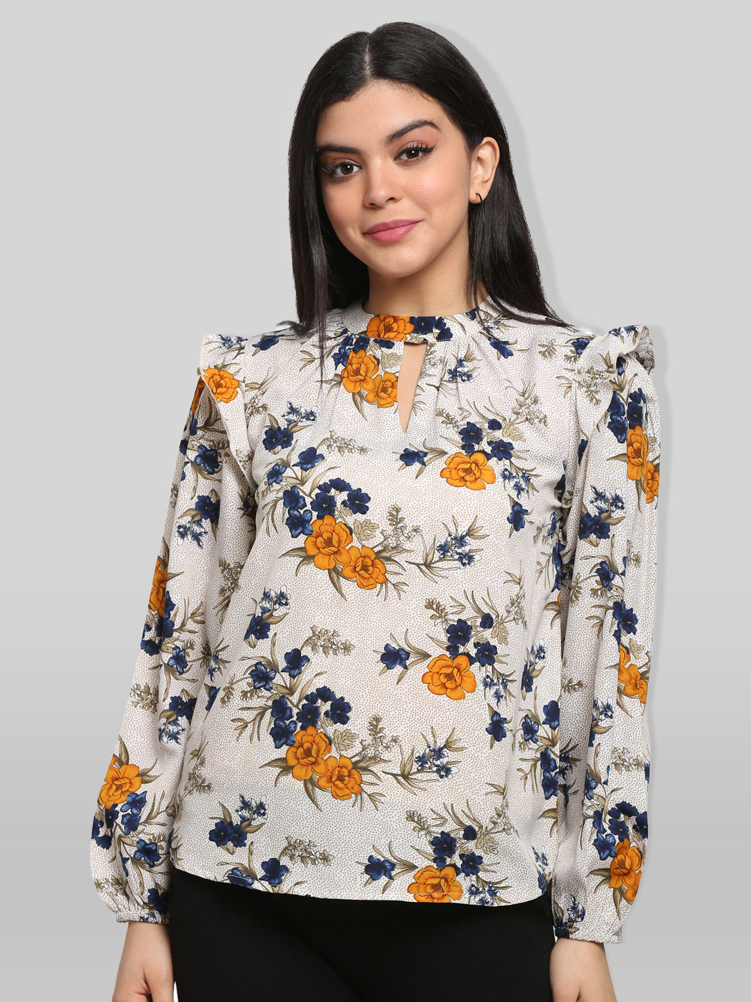 White & Yellow Floral Print Keyhole Neck Top