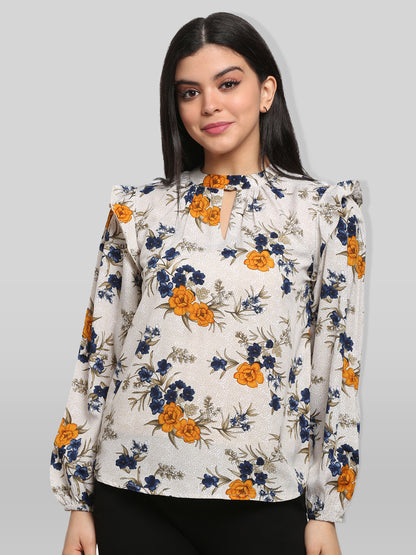 White & Yellow Floral Print Keyhole Neck Top