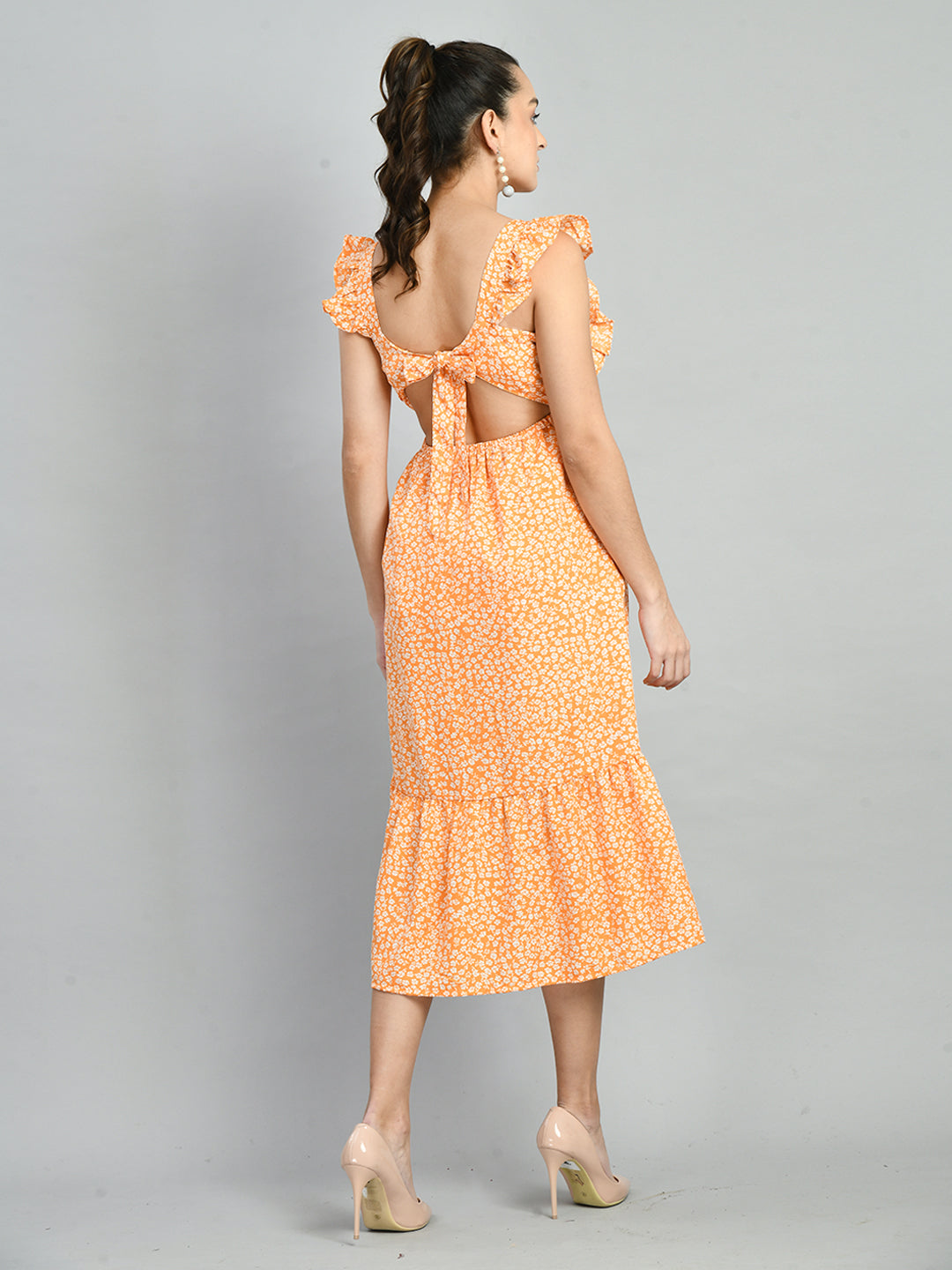 Women Fit and Flare Orange Midi/Calf Length Dress
