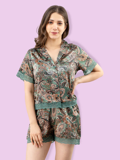 Women Top & Shorts Set Green Ethnic Motifs