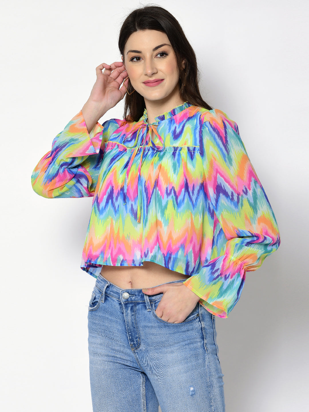 Casual Puff Sleeves Chevron/Zig Zag, Printed Women Multicolor Top