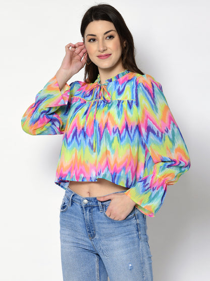 Casual Puff Sleeves Chevron/Zig Zag, Printed Women Multicolor Top