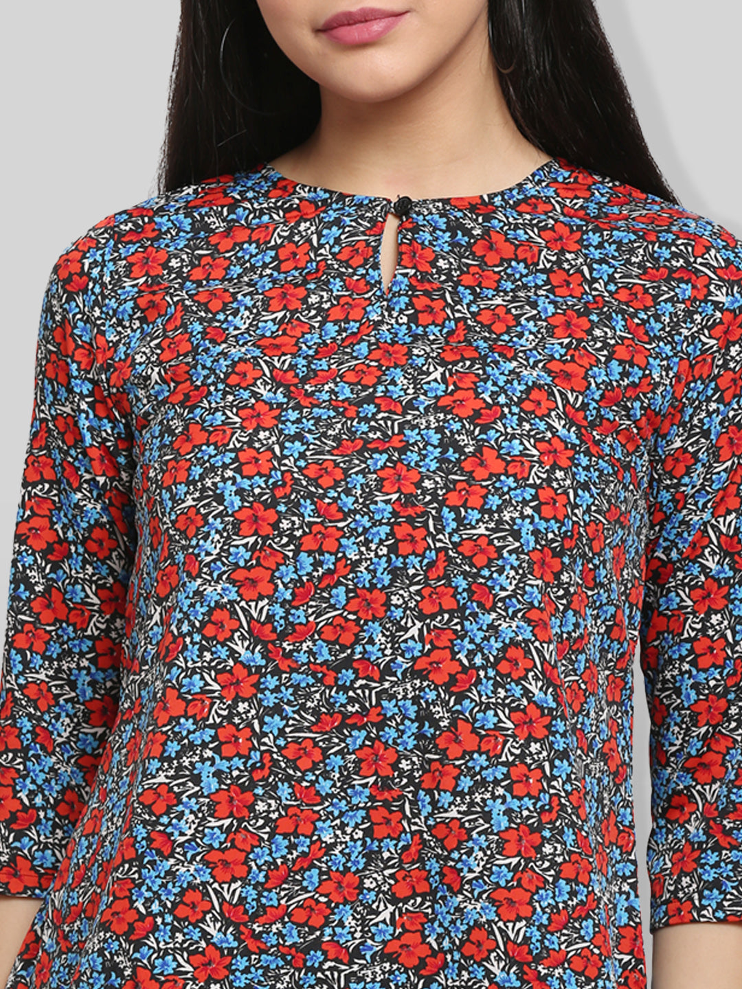 Black & Red Floral Print Keyhole Neck High-Low Top