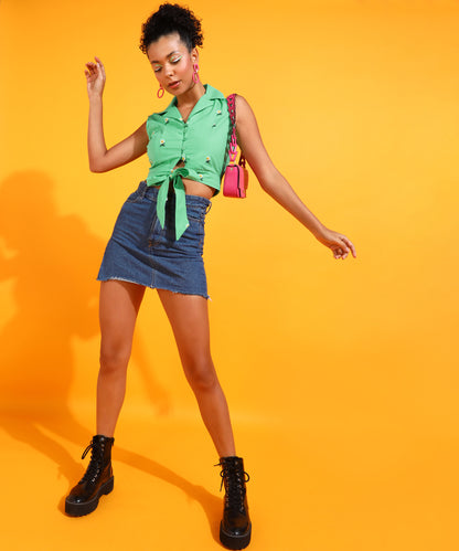 Casual Sleeveless Solid Women Green Top