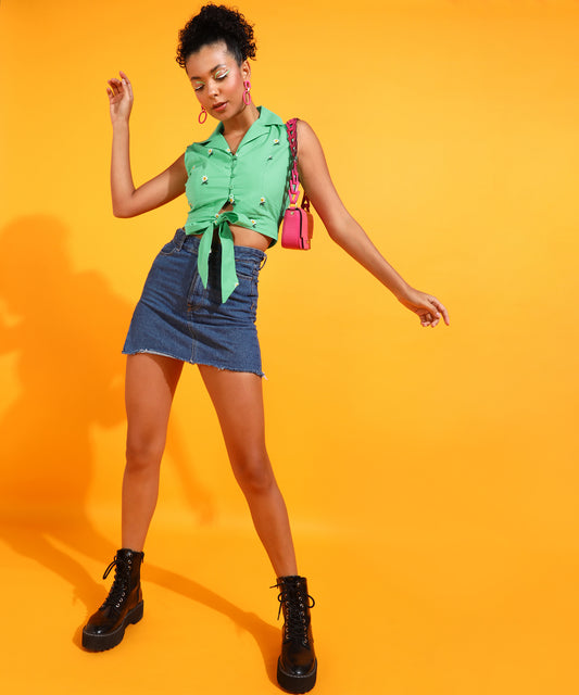 Casual Sleeveless Solid Women Green Top