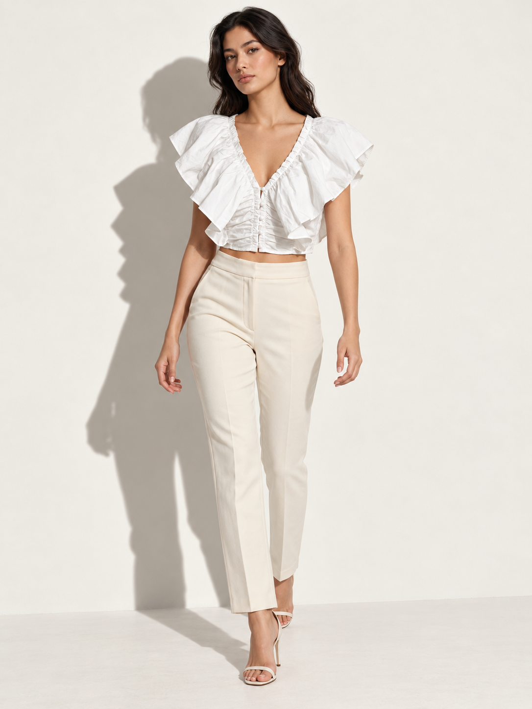 Women's White Ruffle V-Neck Crop Top