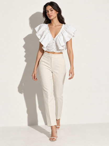 Women's White Ruffle V-Neck Crop Top