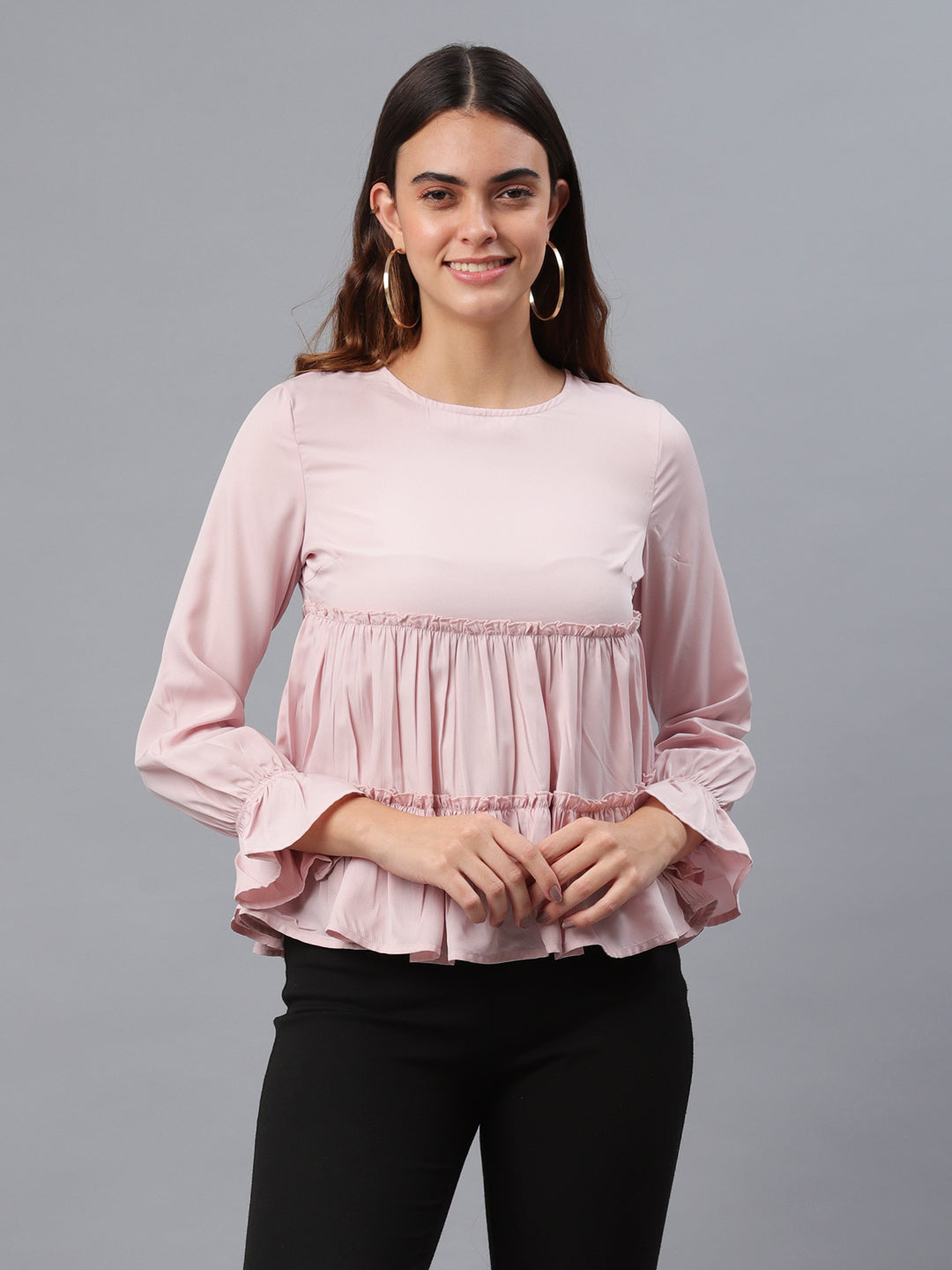Casual Flared Sleeves Solid Women Pink Top