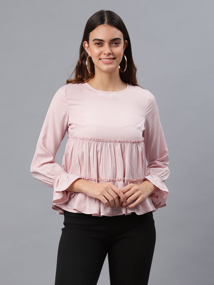 Casual Flared Sleeves Solid Women Pink Top