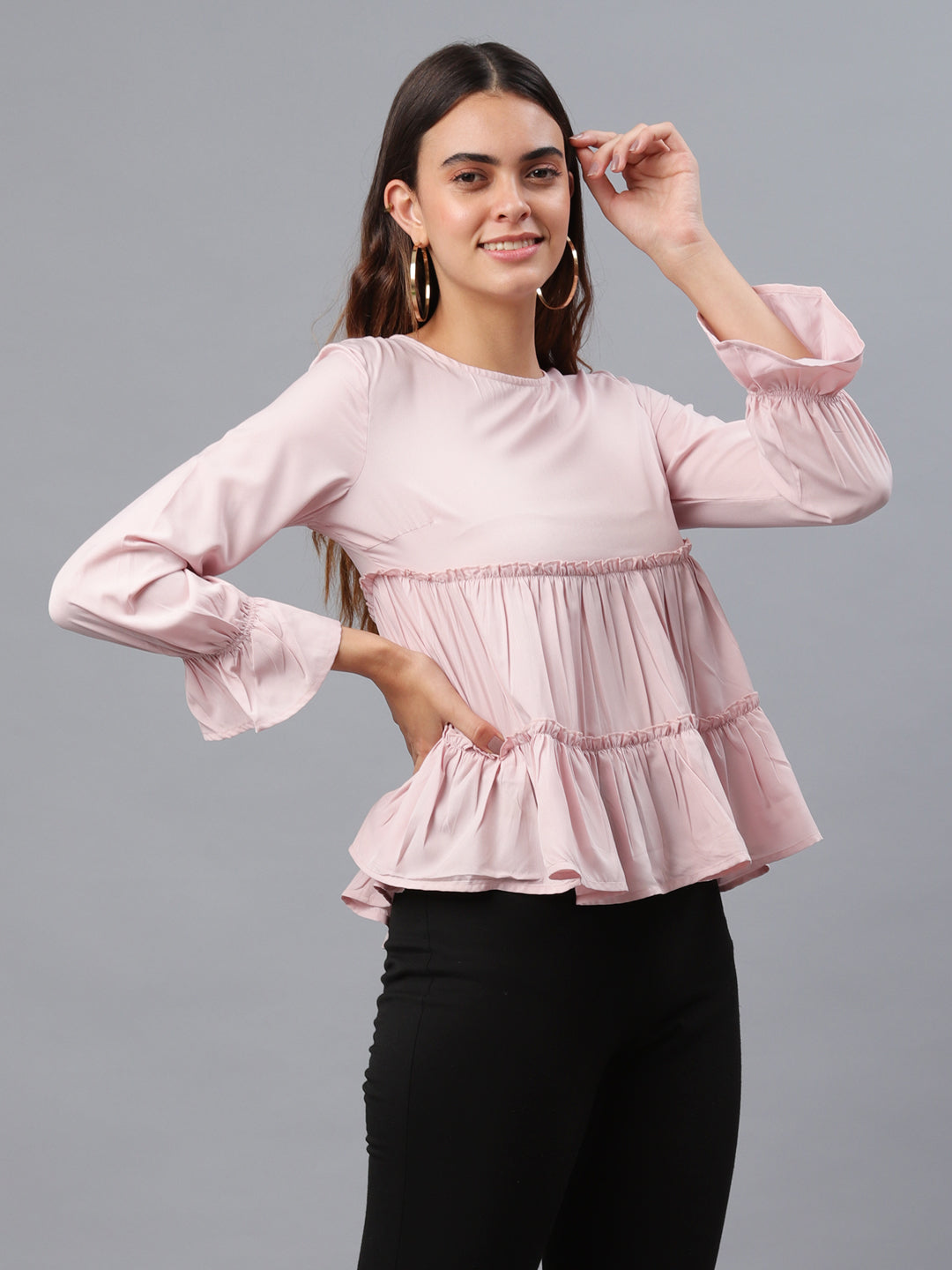 Casual Flared Sleeves Solid Women Pink Top