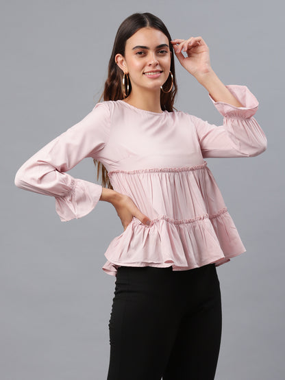 Casual Flared Sleeves Solid Women Pink Top