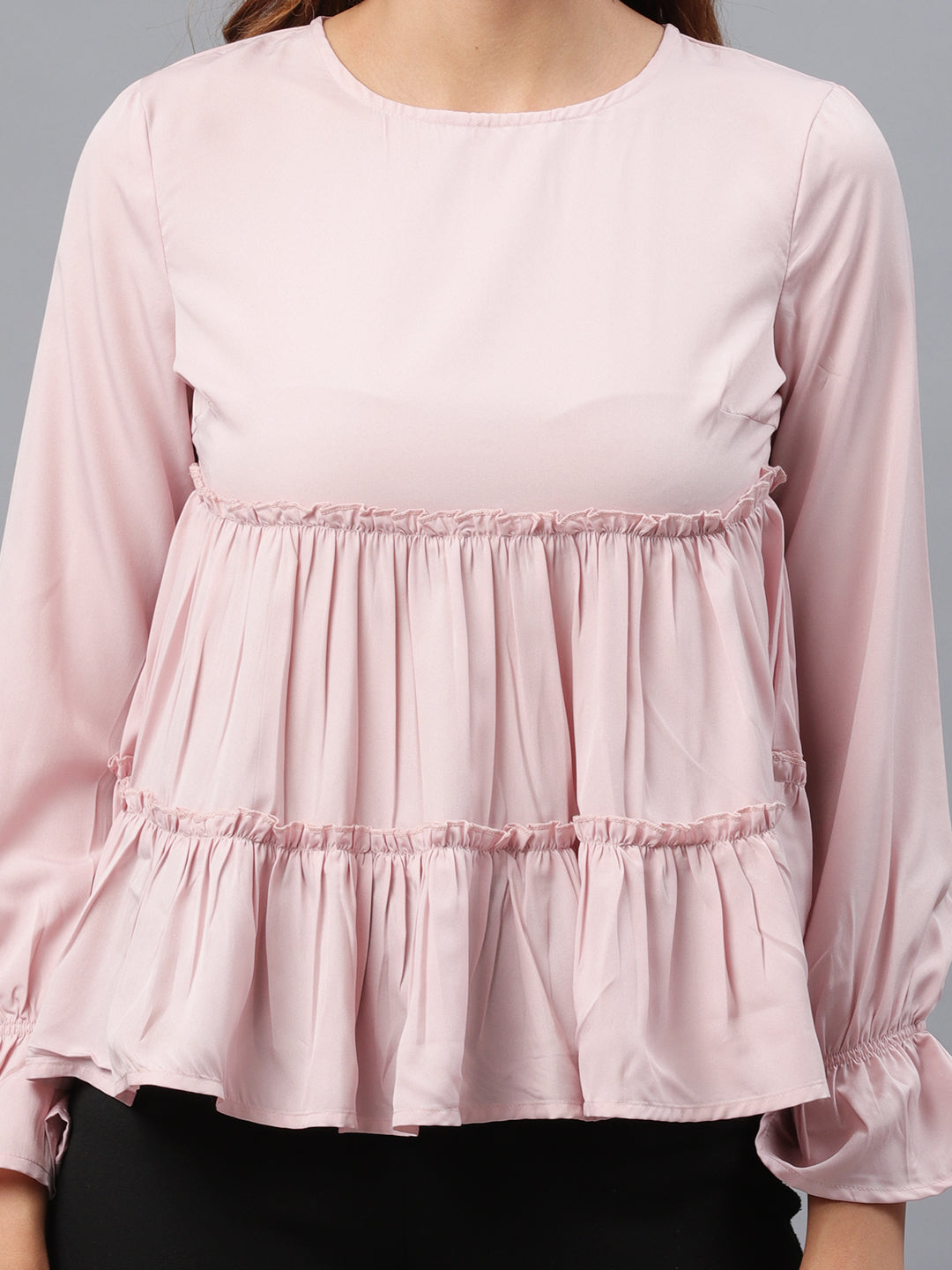 Casual Flared Sleeves Solid Women Pink Top