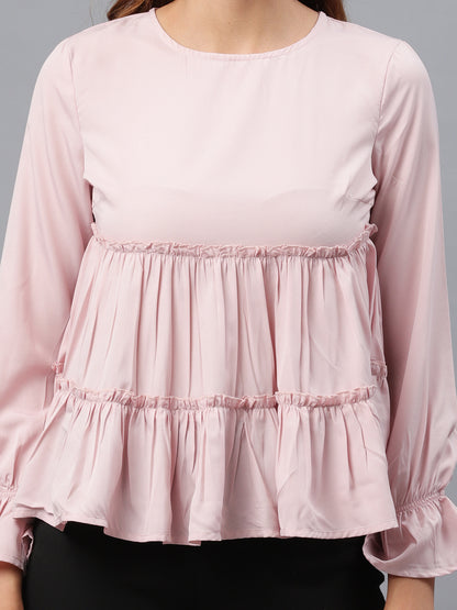 Casual Flared Sleeves Solid Women Pink Top