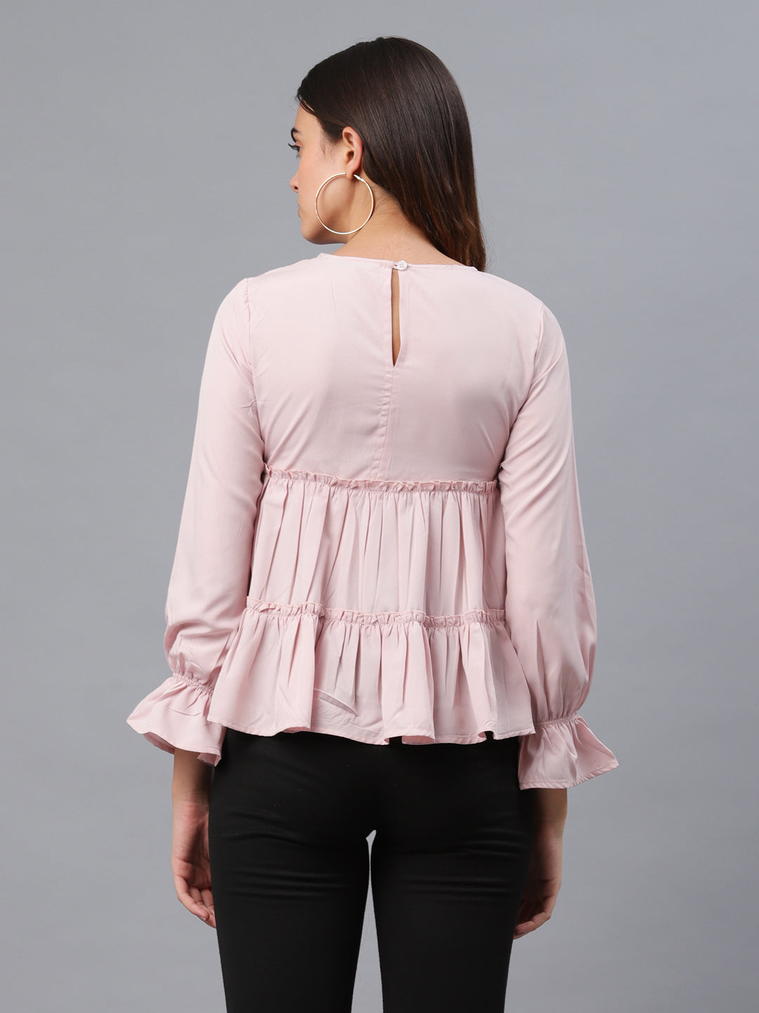 Casual Flared Sleeves Solid Women Pink Top