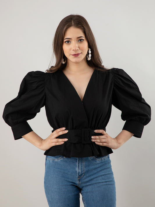 Casual Puff Sleeves Solid Women Black Top
