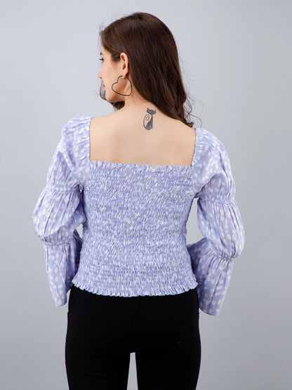 Casual Bell Sleeves Printed Women Light Blue Top