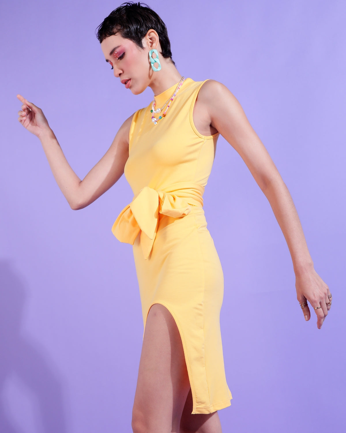 Women Bodycon Yellow Above Knee/Mid Thigh Length Dress