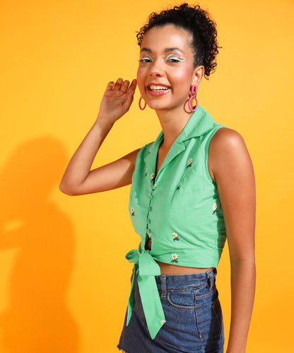 Casual Sleeveless Solid Women Green Top