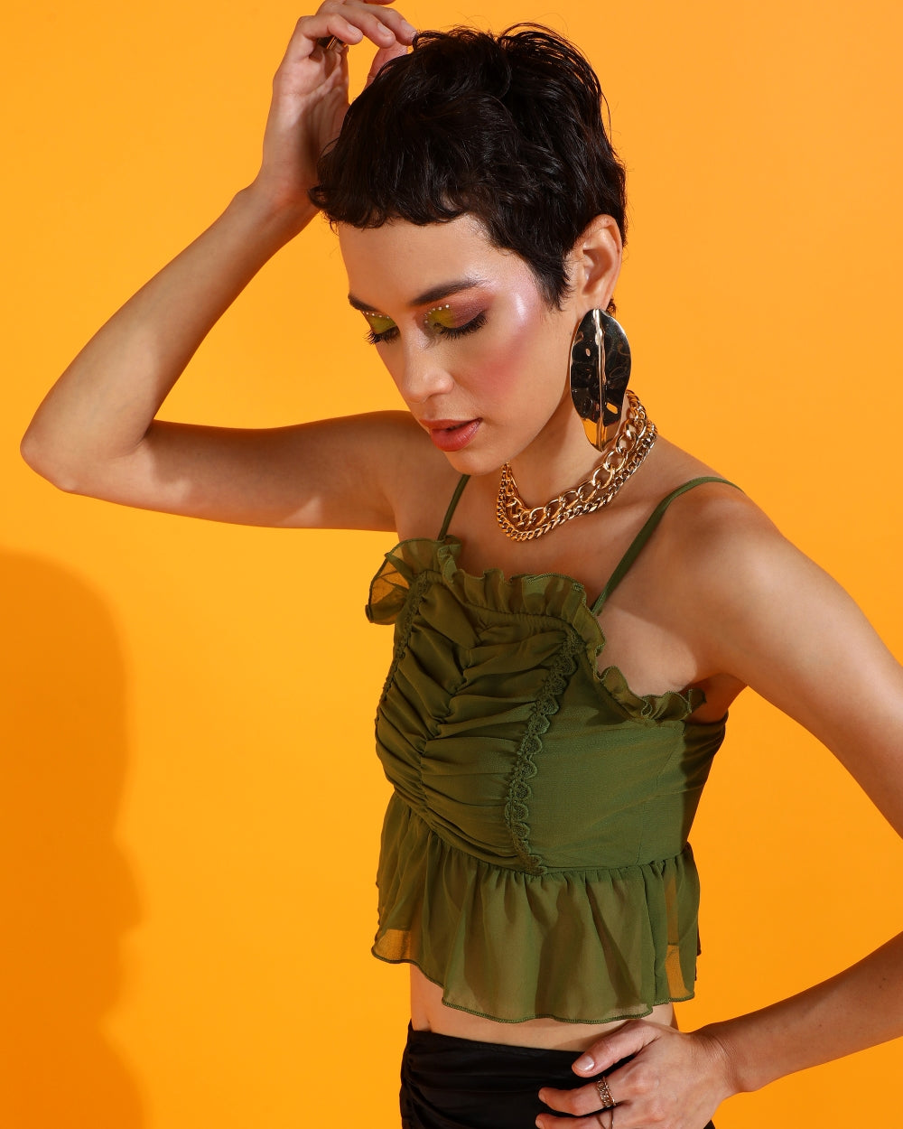Casual Shoulder Straps Solid Women Dark Green Top