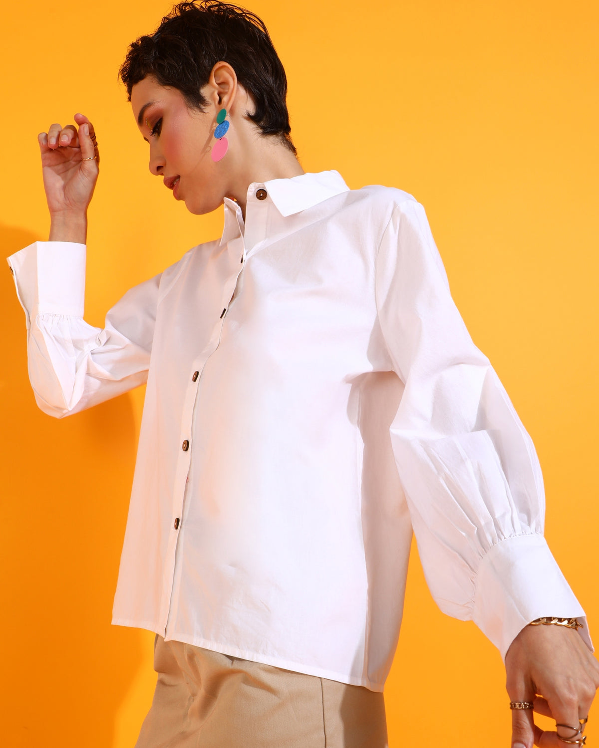 Casual Puff Sleeves Solid Women White Top