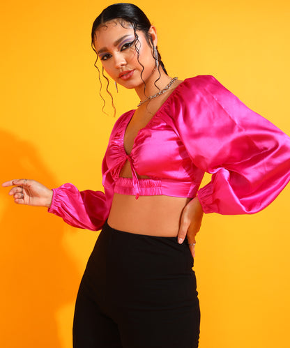 Party Puff Sleeves Solid Women Pink Top