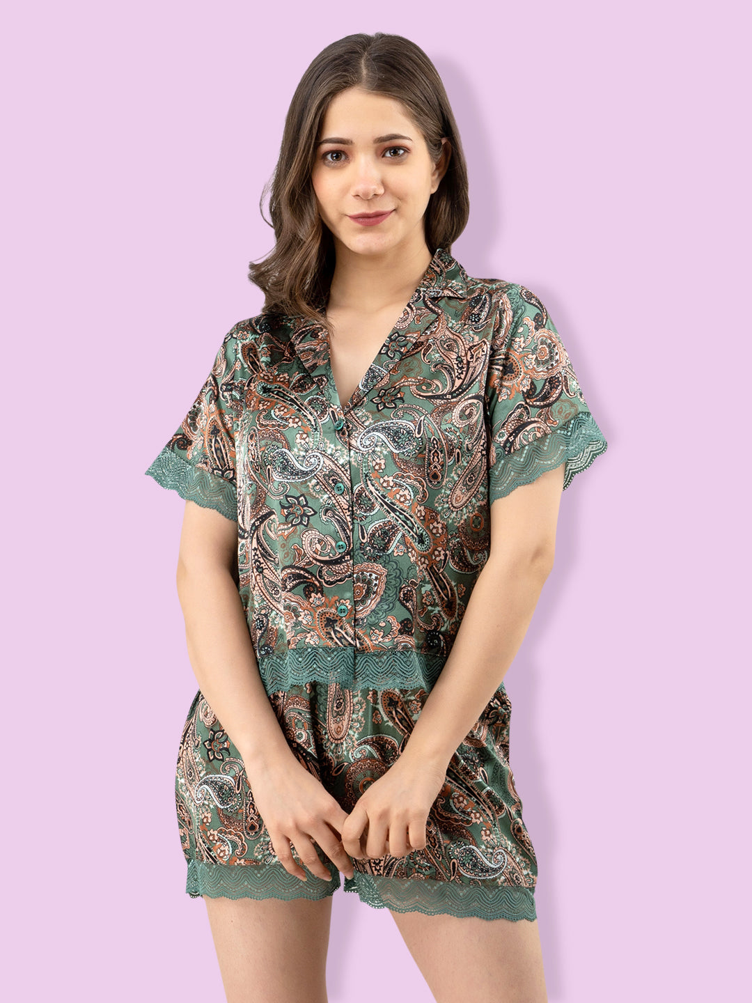 Women Top & Shorts Set Green Ethnic Motifs