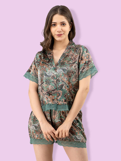 Women Top & Shorts Set Green Ethnic Motifs