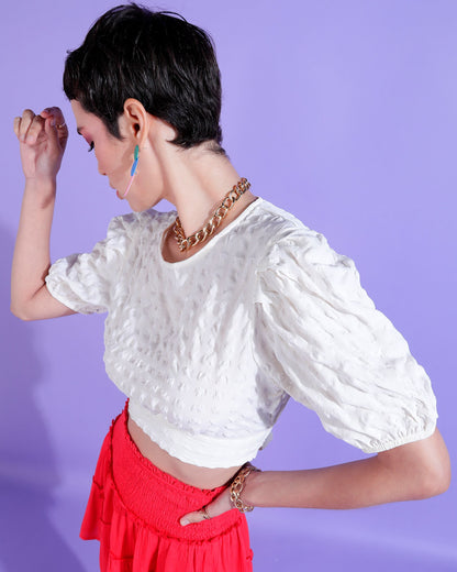 Casual Puff Sleeves Self Design Women White Top