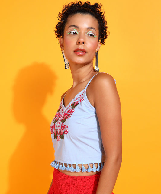 Casual Noodle Straps Embroidered Women Blue, Red, Green Top