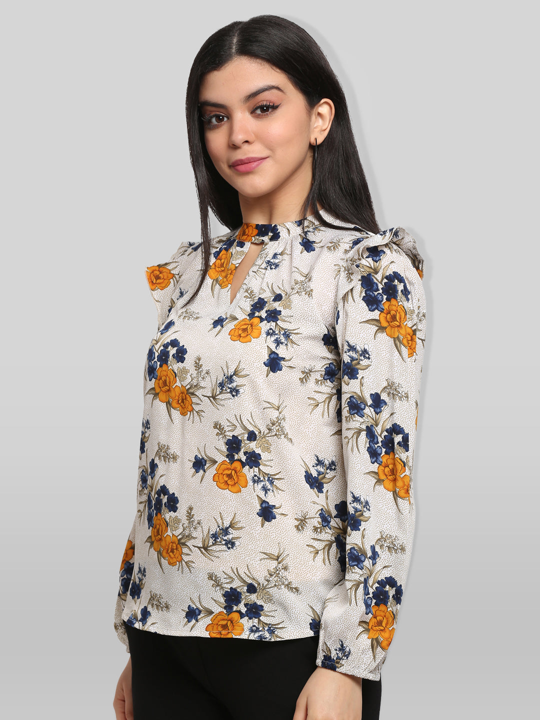 White & Yellow Floral Print Keyhole Neck Top