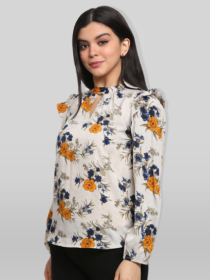 White & Yellow Floral Print Keyhole Neck Top